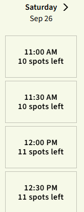 Time slots on Saturday September 26